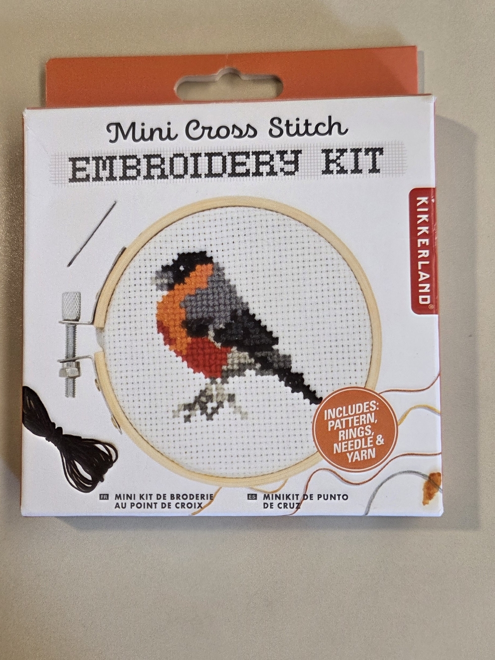 Kikkerland Mini Cross Stitch Embroidery Kit – Orange, Black, Gray, White